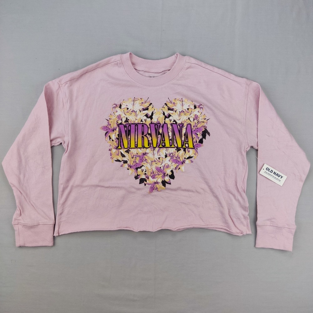 Old Navy Graphic Tee Girl XL Pink Nirvana Floral Heart Cropped Long Sleeve Shirt